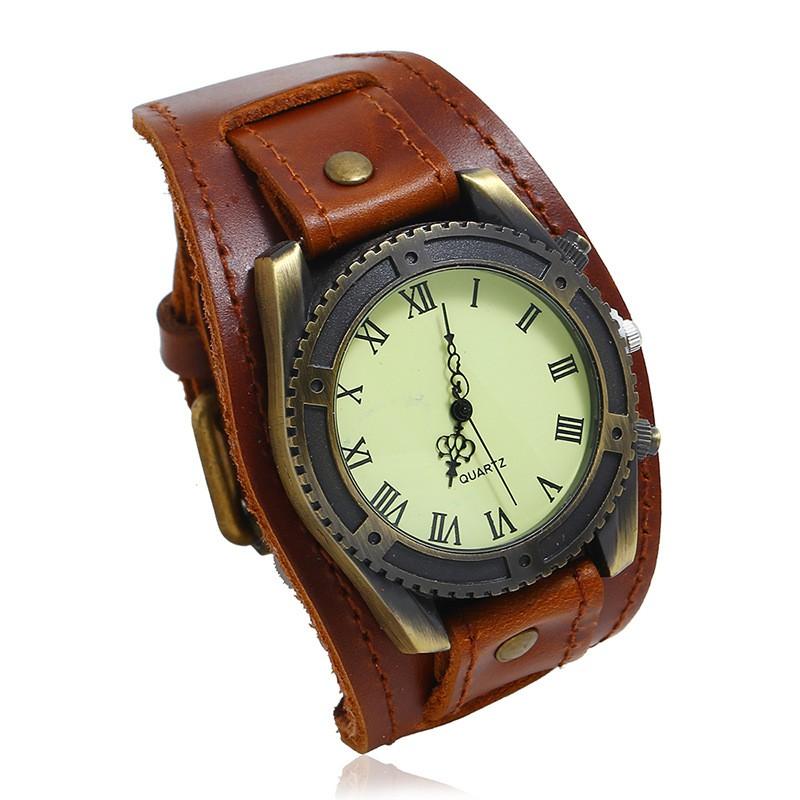 Mens Vintage Leather Bracelet Watch Accessory Adjustable Cuff Style Brown Black Retro Design