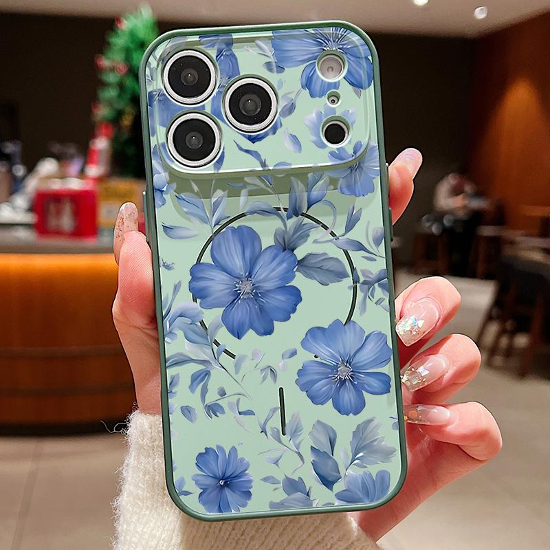 Magnetic For Magsafe Case For iPhone 17 Pro Max Pale Blue Flowers Pattern Skin Feeling Cover For iPhone 16 15 14 13 Pro Max