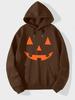 Retro Jack‑o'‑lantern Simple Pumpkin Face Front Print Hooded Sweatshirt Women's Loose Fleece Pullover Halloween Party Casual