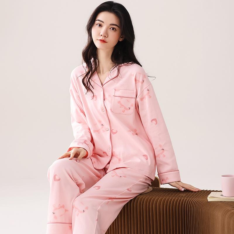 Autumn and winter pajama set for women, pink printed pure cotton long-sleeved V-neck home outfit