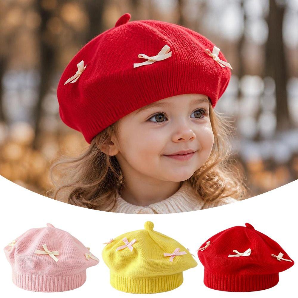 Thick Warm Kids Beret Hat Cotton Bow Knit Headwear Sweet Girls Painter Cap Autumn Winter