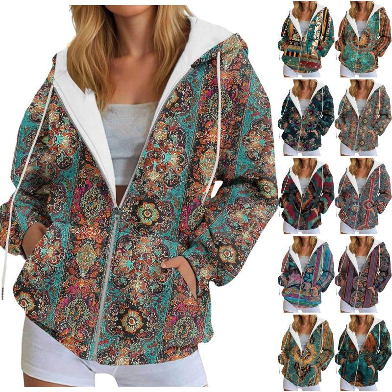 Vintage Printing Oversized Women'S Cardigan Hoodies Jacket Trendy Stylish Hooded Sweatshirt With Pockets Casual Zipper Hoodie