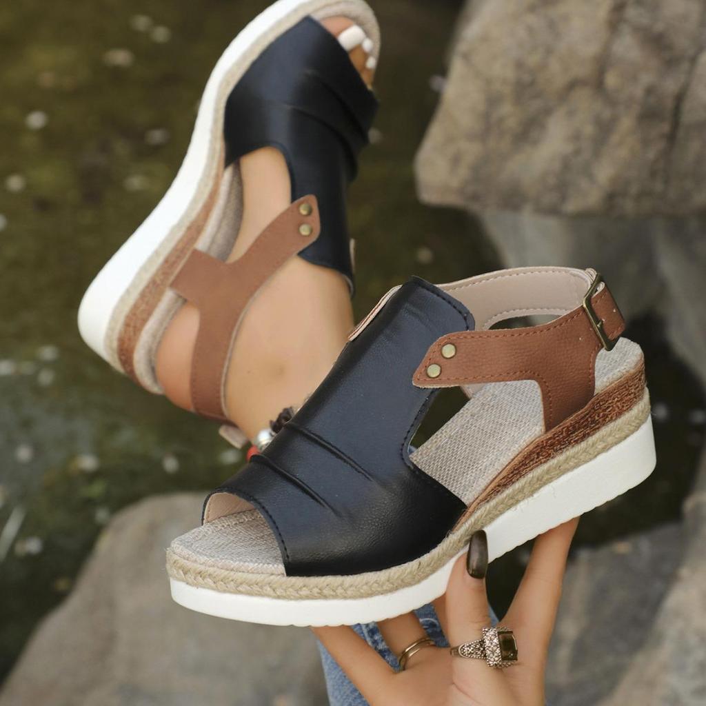 Plus Size Wedge Heel Peep Toe Sandals - Women's Summer Buckle Beach Slippers