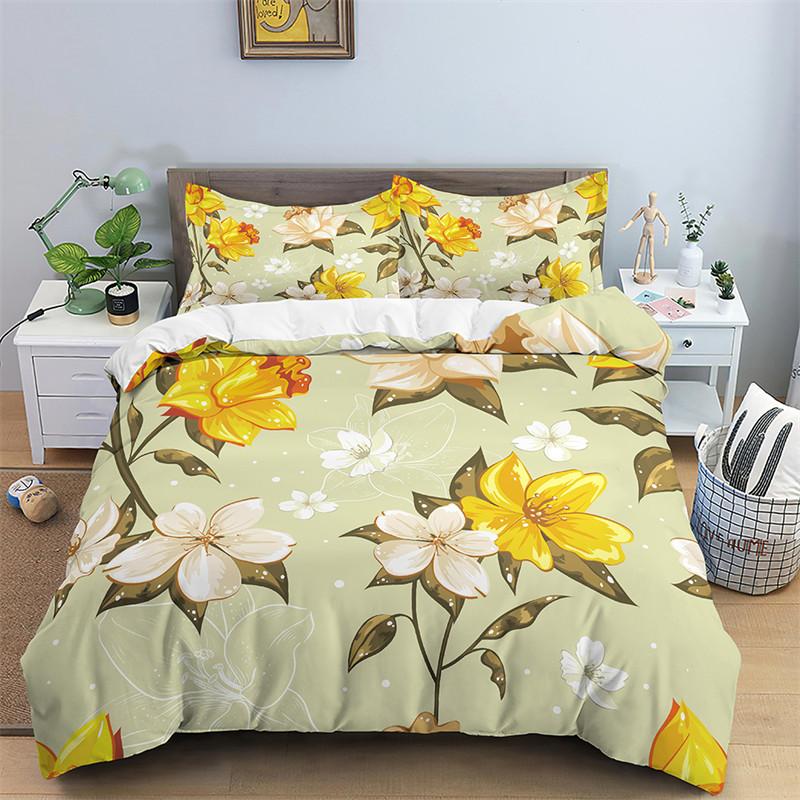 Floral Duvet Cover Microfiber 2/3Pcs Queen Daisy Bedding Set Leaves Plant Print Soft Breathable Quilt Cover With Zipper Closure