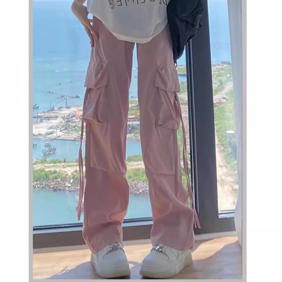 Women's Pink High-Waist Parachute Overalls - Quick-Drying, Wide-Leg, Casual American Sports Pants for Spring, Summer, and Autumn