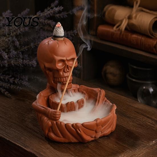 Traditional Craft Incense Burner Skeleton Burner, Backflow Waterfall Cone Holder, Gothic Skull Stick Holder for Halloween Home Decor, Meditation