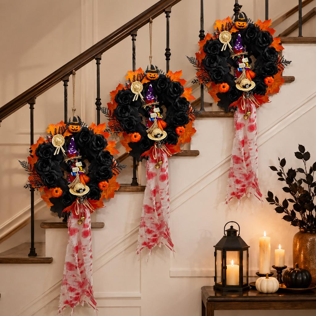 Halloween Black Rose Pumpkin Wreath with Witch Doll and Maple Leaf Decoration for Door