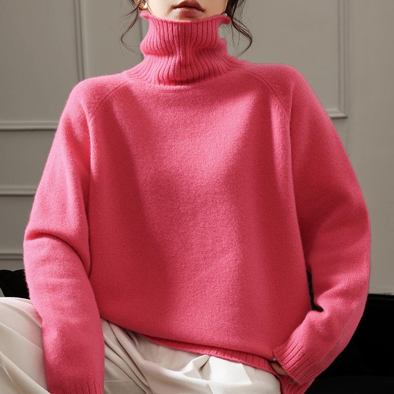 100% Pure Wool Women's High Neck Thick Raglan Sleeve Sweater - Loose Fit Base Layer Knitwear