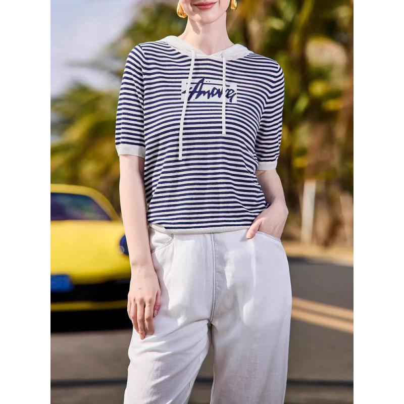Women s Short-Sleeve Striped Hooded Knit Sweatshirt for Summer 2026 Small синий/белый