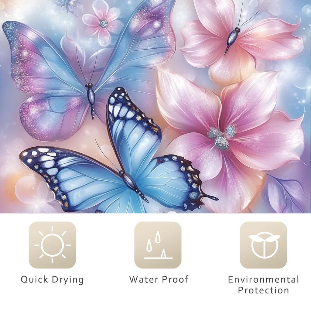 1 Piece Fantasy Colorful Butterfly Floral Shower Curtain, Machine Washable, Vivid Blue Butterfly and Pink Flower Pattern