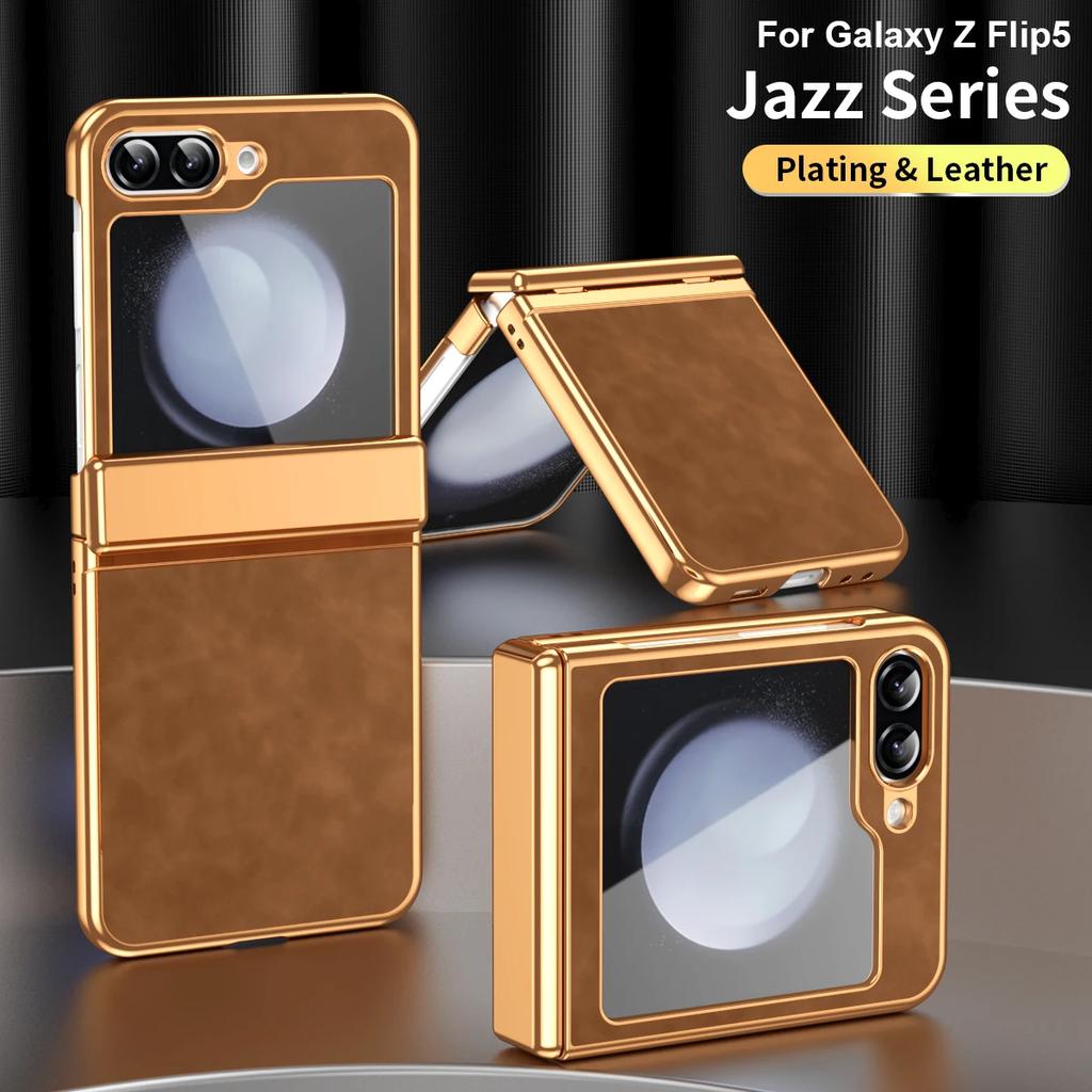 For Samsung Galaxy Z Flip 6 5 4 3 5G Case Luxury Leather Electroplated All-inclusive Folding Hinge Shockproof Protect Hard Cover