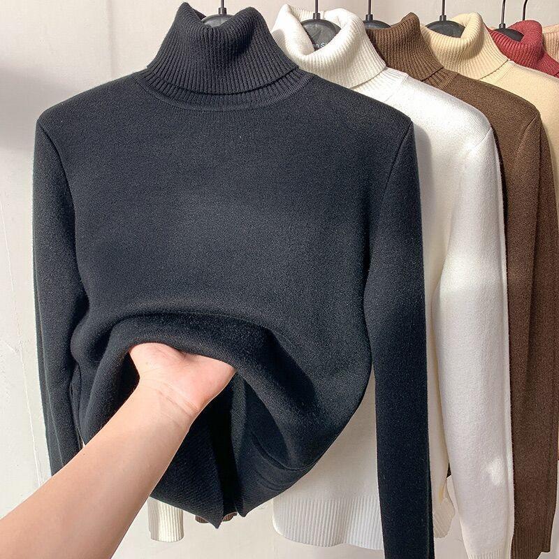 Autumn Casual Long Sleeve Plush Turtleneck Women's Sweater Winter Thick Warm Velvet Base Pullover Women Sweaters Vintage Fashion Slim Knitwears 25210