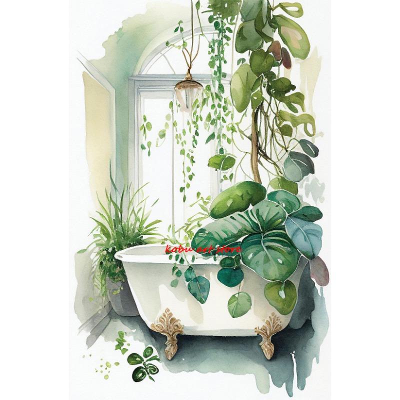 

Акварельный зеленый ботанический ванная комната ванна туалет плакат печать холст живопись настенное искусство картина для туалета ванной комнаты домашний декор 21cm×30cm NoFrame