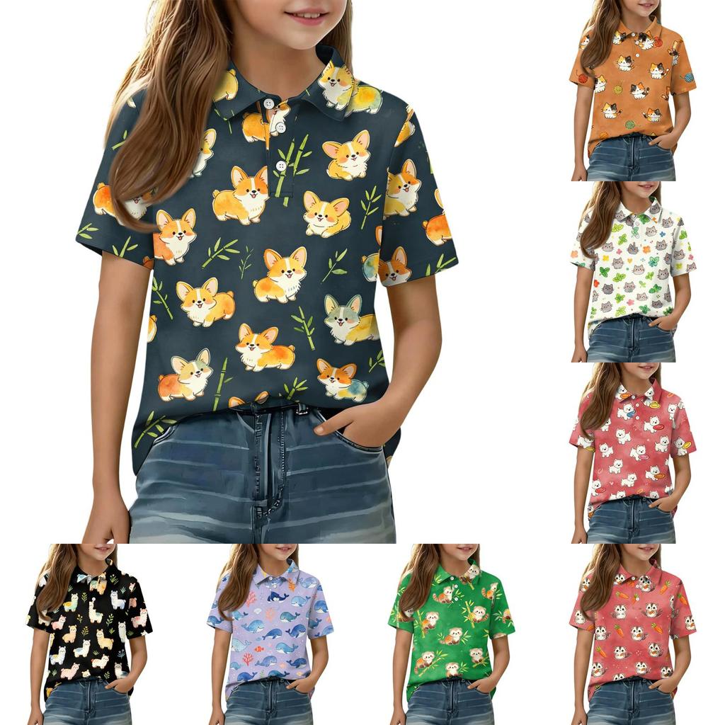Children's Casual Short Sleeve Polo Shirt with Animal Print Lightweight Comfortable Soft Fabric Kids Summer Top