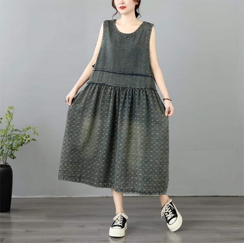 Sleeveless Plus Size Vintage Floral New In Dresses for Women Casual Loose Long Summer Denim Dress