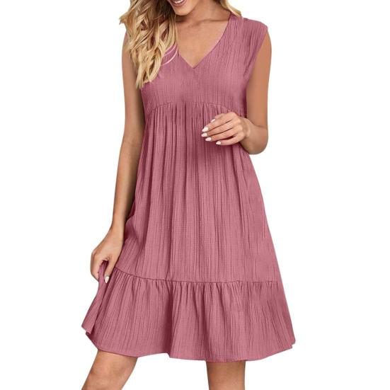 Summer Cotton Linen Dress for Women Casual Sleeveless V Neck Mini Tank Dress Tiered A-line Flowy Beach Sundress