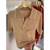 Simple Polo Neck Ice Silk T-shirt, Knitted Sweater, Summer Stylish Short Sleeved Slim Fit Versatile Top