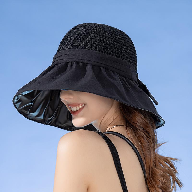 Luxury Summer Bucket Hat for Women Breathable Mesh Spliced 12cm Large Brim Sun Cap Candy Color Elegant Ladies Casual Bow Top Hat