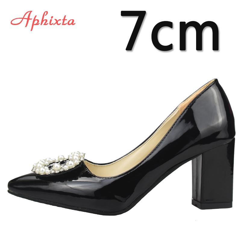 Aphixta 7cm 5cm Square Heels Patent Leather Pearl Buckle Shoes Woman Classics Pointed Toe Dress Official Pumps Party Big Size 48