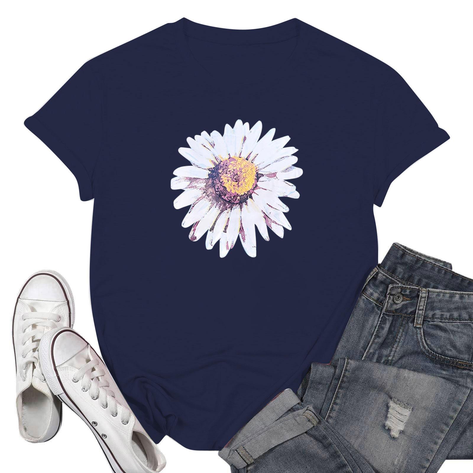 

Жіноча повсякденна футболка з принтом хризантеми, пуловер з круглим вирізом і короткими рукавами S