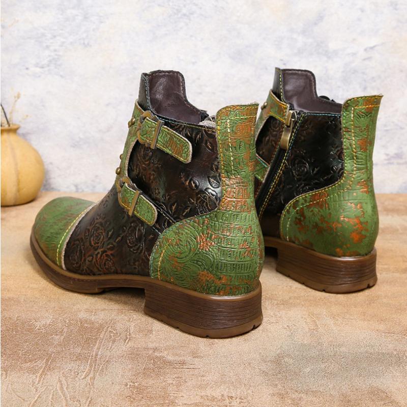 Johnature Buty damskie w stylu vintage, nitowane, ręcznie robione, z prawdziwej skóry, w stylu etnicznym, z klamrą do paska, z wytłoczonymi krótkimi butami