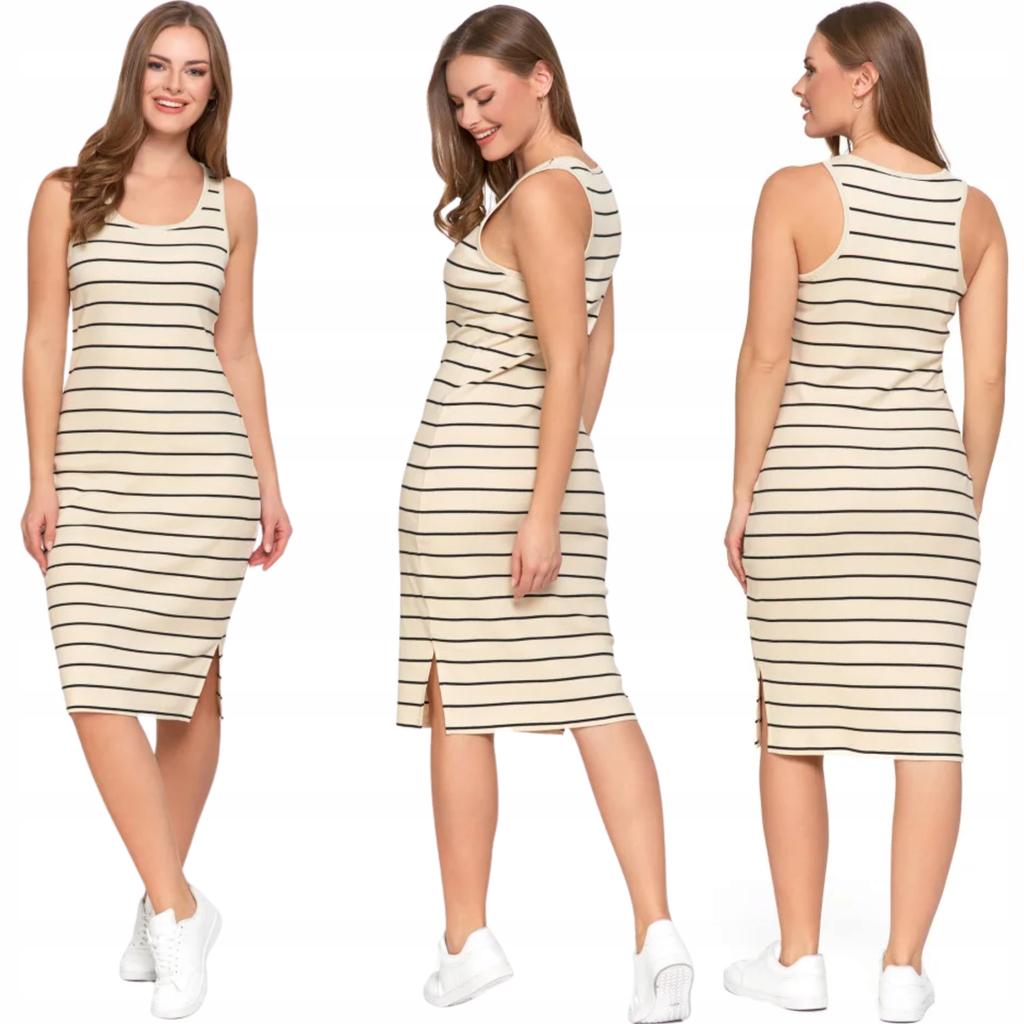 Women's Midi Knitted Dress with Slit, Classic Stripes, MORAJ L OFF WHITE