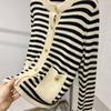 Women's Retro Striped Wool Cardigan - Gold Button, Loose Fit, Round Neck, Autumn/Winter Style