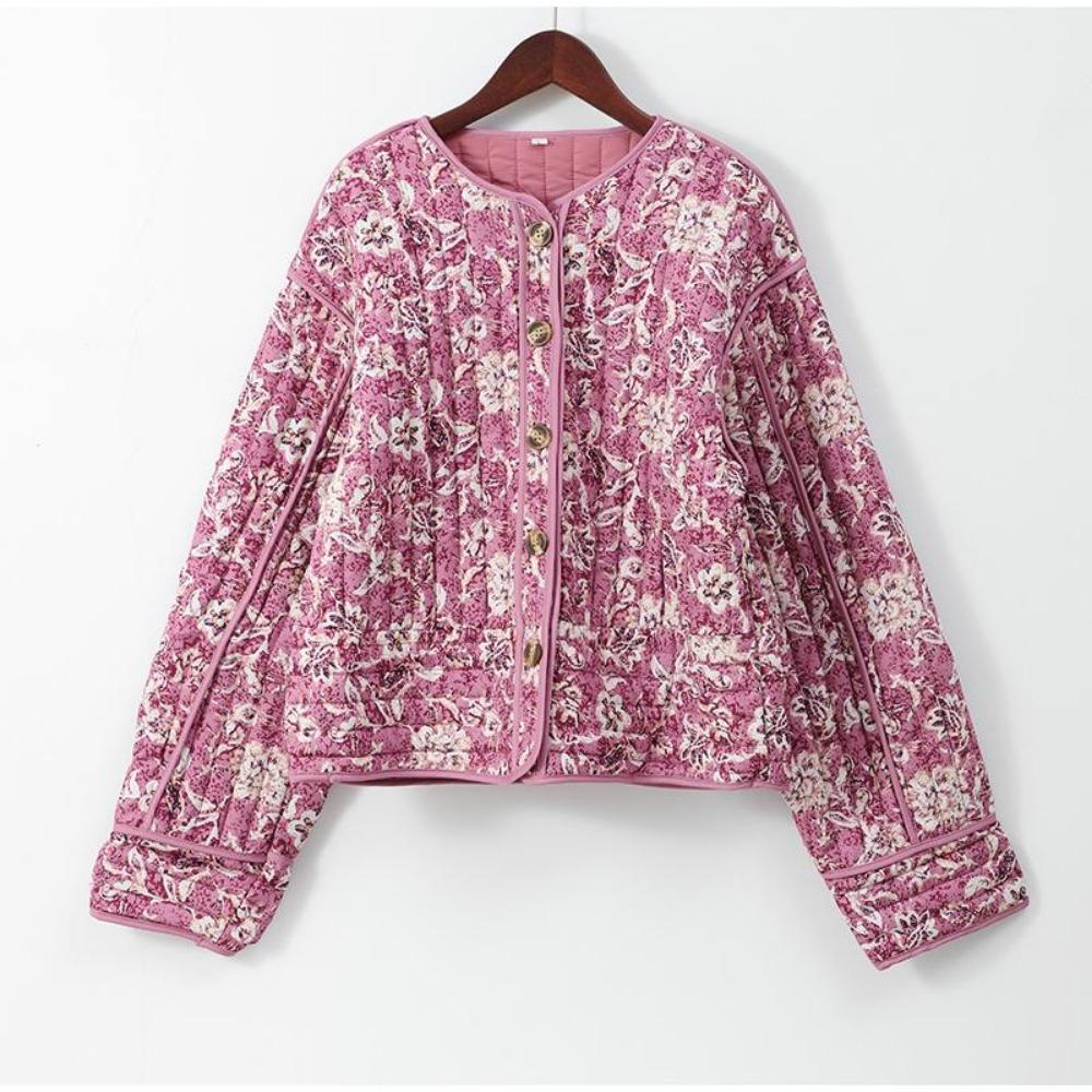 VAYLA Schicke Damen Baumwolljacken mit floralem Druck Elegant Einreihig Stehkragen Lässige Mäntel Herbst Winter Damen Stepp-Oberbekleidung