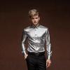 Men's Gold Metallic Grid Dress Shirt Slim Fit Long Sleeve Button Down Shirt