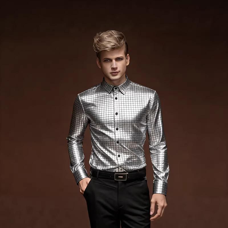 Men's Gold Metallic Grid Dress Shirt Slim Fit Long Sleeve Button Down Shirt
