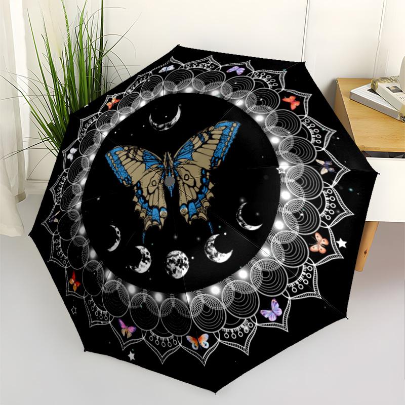 Butterfly Mandala Night Sky Compact Travel Automatic Umbrella Compact 8-Rib Design Lightweight for Women/Men Vibrant Pattern Umbrella