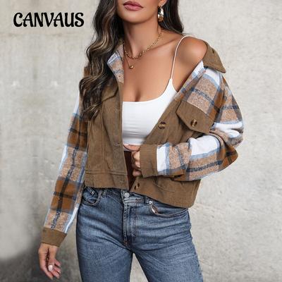 Spring and Autumn Women's Corduroy Plaid Tops Vintage Lapel Splicing Cardigan Jacket