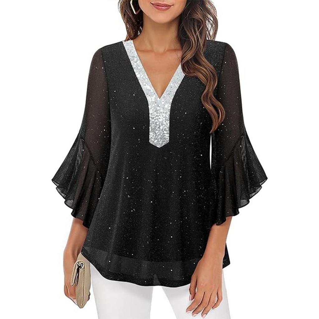 2026 Spring Summer Sequined Crew Neck Blouse Top, Hot Popular Casual Shirt for Women, Europe America Style