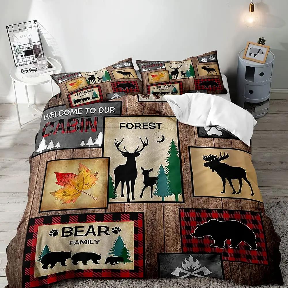 Farmhouse Duvet Cover SetBlack Bear Deer Elk Moose Forest Animal Wildlife Lodge Rustic Bedding Set KingSage Green Brown Plaid