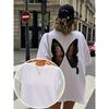 Taille Européenne Grande Taille Dos Papillon Creux Effet Imprimé | Artificiel, Mode T-shirt d'Été à Manches Courtes, Coupe Ajustée