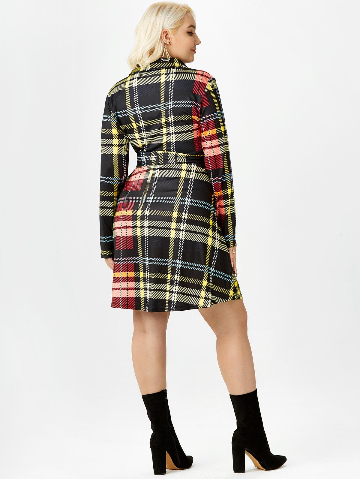 Платье-рубашка в клетку Rosegal размера плюс на полупуговицах с поясом XL жёлтый/чёрный — фото 4