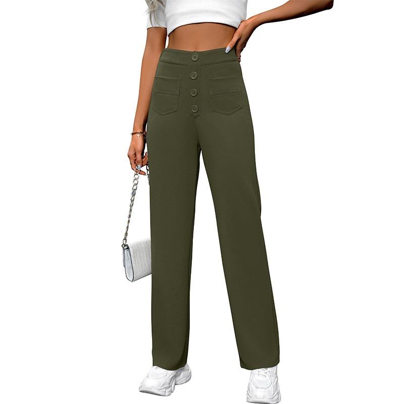 Women Casual High Waist Button Pocket Loose Straight Long Pants