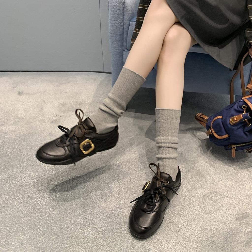 Grape mother same leather retro style moral training small leather shoes women's autumn and winter versatile round head belt buckle flat casual shoes
