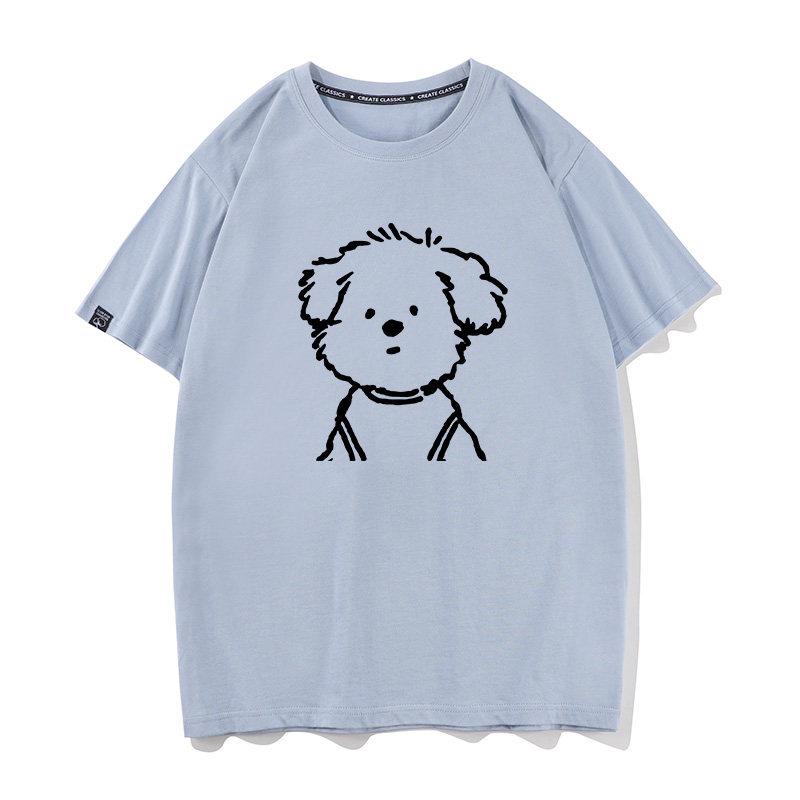 Cute And Simple Puppy Print Ins Loose Couple Short Sleeved Tshirt Trendy White Versatile Unisexs And Unisexs Half Sleeves