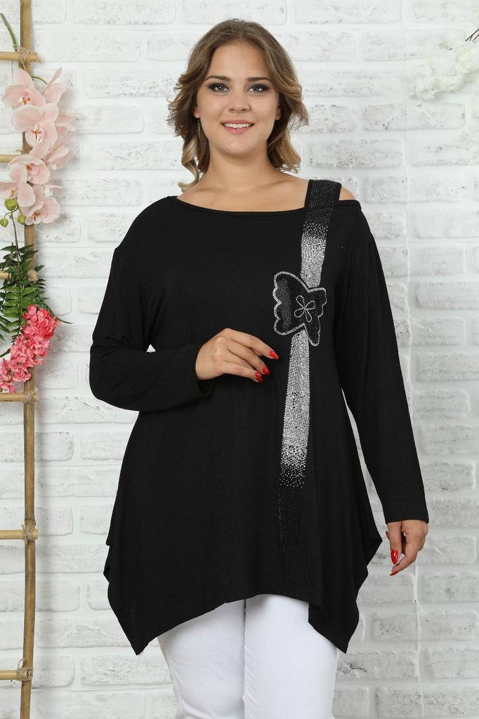 Damska Tuniczka Plus Size w Stylu Czarnym z Detalami na Ramionach, Przód Zdobiony Haftem Kamieniami w Kształcie Motyli, Tuniczka z Długim Rękawem