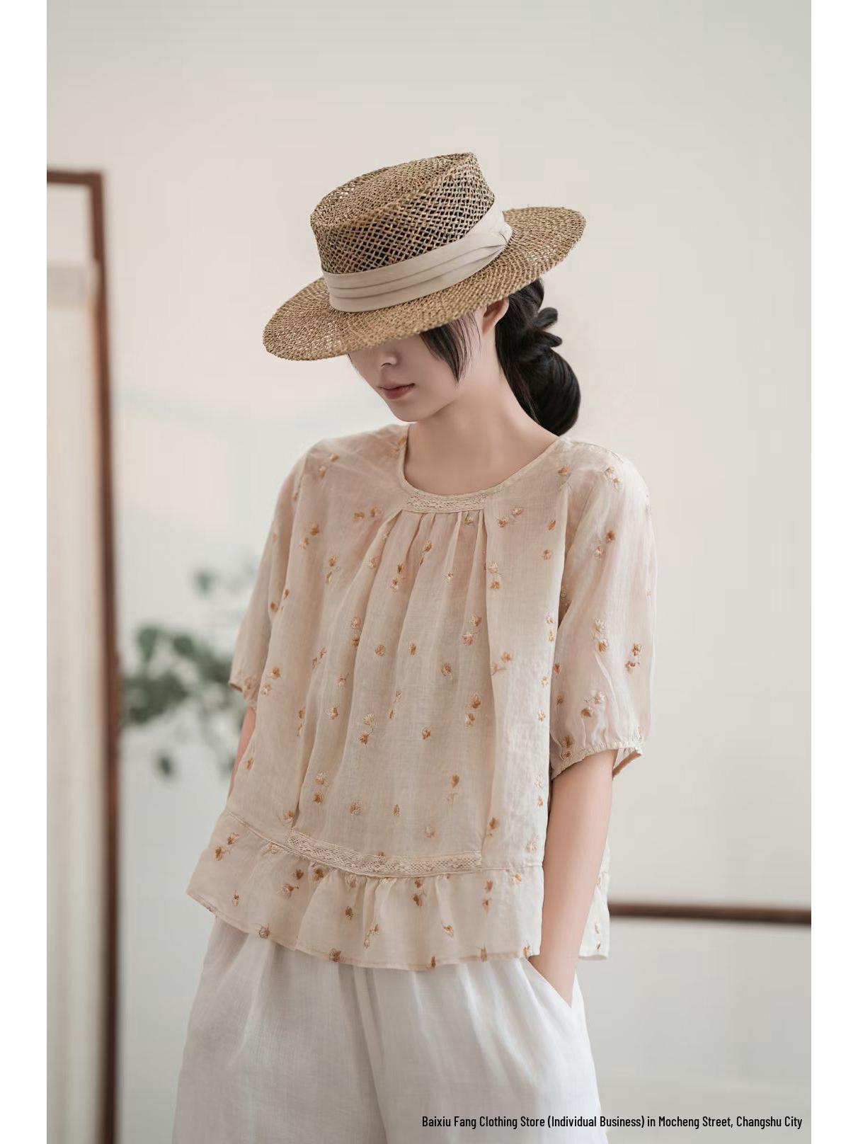 

Women s Artistic Embroidered Polka Dot Ramie Top with Pleats, Round Neck, and Three-Quarter Sleeves - Summer 2026 Collection. One Size