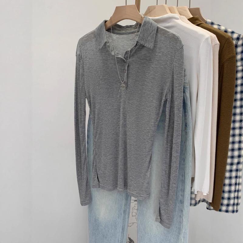 Lyocell Tencel Korean Chic Gray Collar Thin Long-sleeved T-shirt New Single-wear Top S