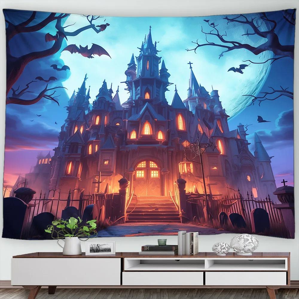Halloween Decorative Tapestry Pumpkin Lantern Wall Hanging Full Moon Gothic Castle Ghost Bat Tapestry Home Room Decoration