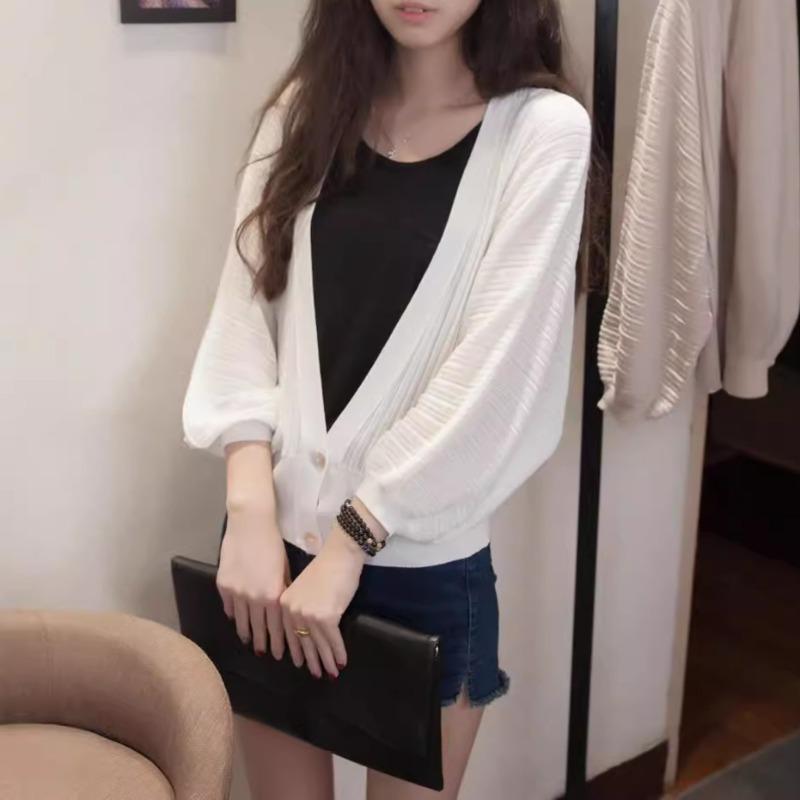 Lockere Sonnenschutzkleidung im koreanischen Stil, Klimaanlagen-Shirt, Frühlings- und Sommer-Laternenärmel-Schaljacke, Strandjacke, Strickjacke