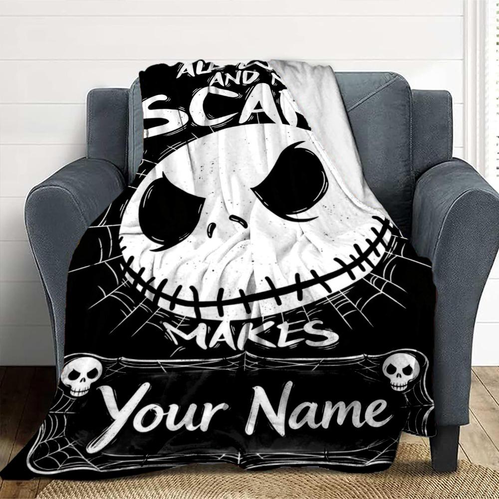 Custom Name Halloween Skull Flannel Fleece Throw Blanket with Personalized, Soft Cozy Blanket for Home Decor Birthday Gift