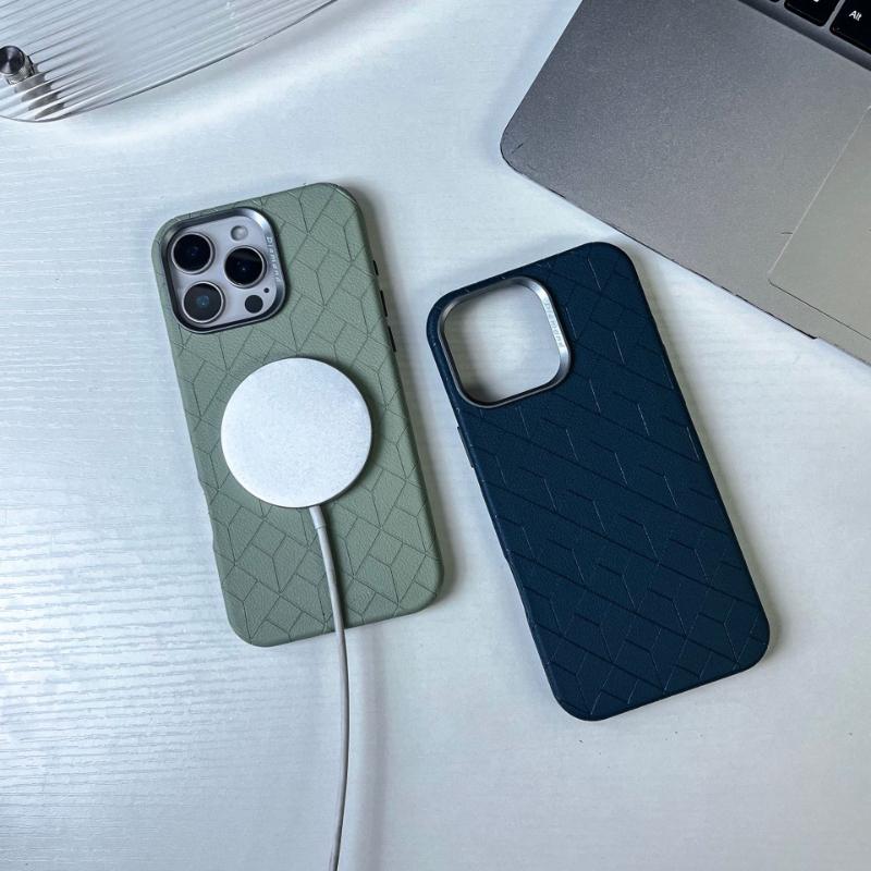 Diamond Grid PU Leather For Magsafe Case For iPhone 17 16 15 14 13 Pro Max Air Metal Lens Heightening Anti-drop Protector Cover