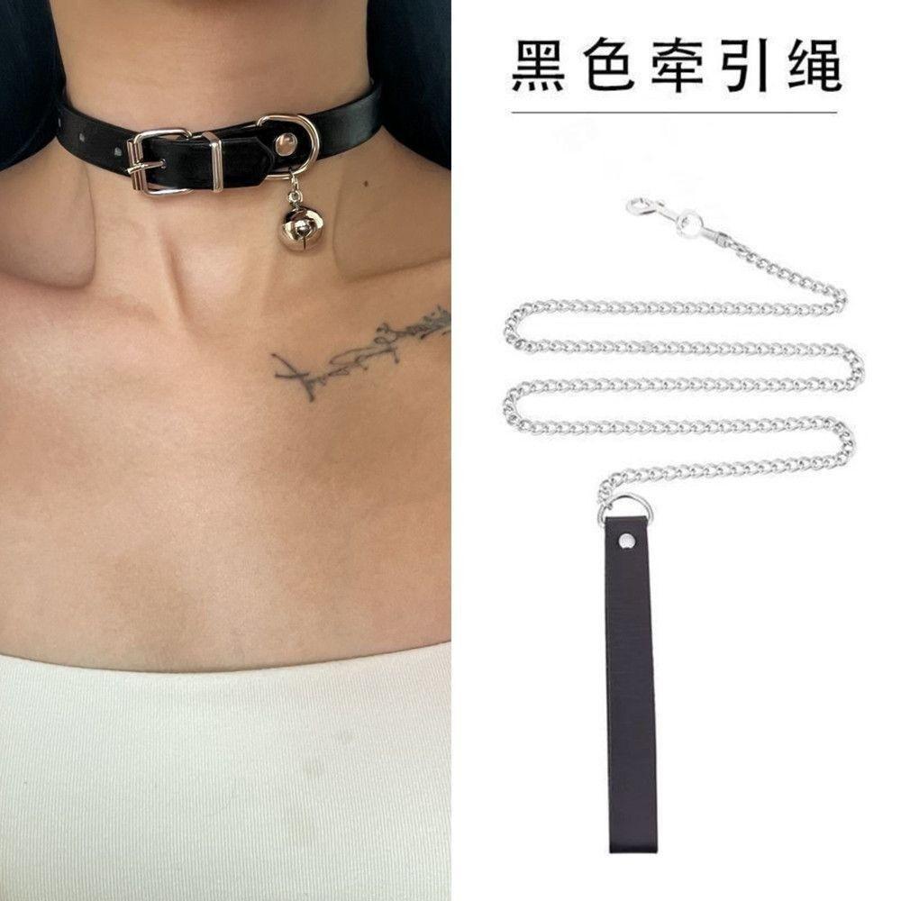 Female collar with a chain around the neck, choker, Niche design leather neck collar, high-end punk neck chain, sexy neck collar