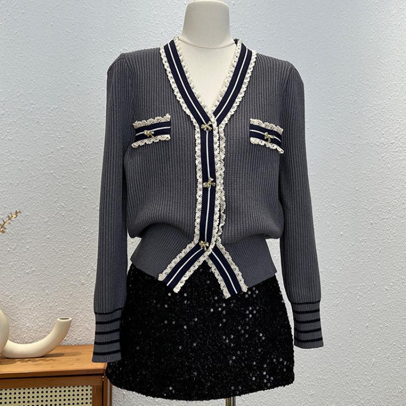 2026 Autumn French-Style Elegant Color Block Stripe Lace Knit Cardigan