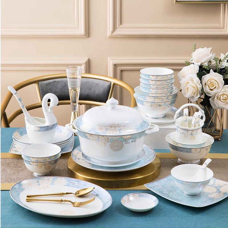 Ailan Huijia Blue Jade Luxury Porcelain Dinnerware Set 62-Piece Set with Wealth Pot