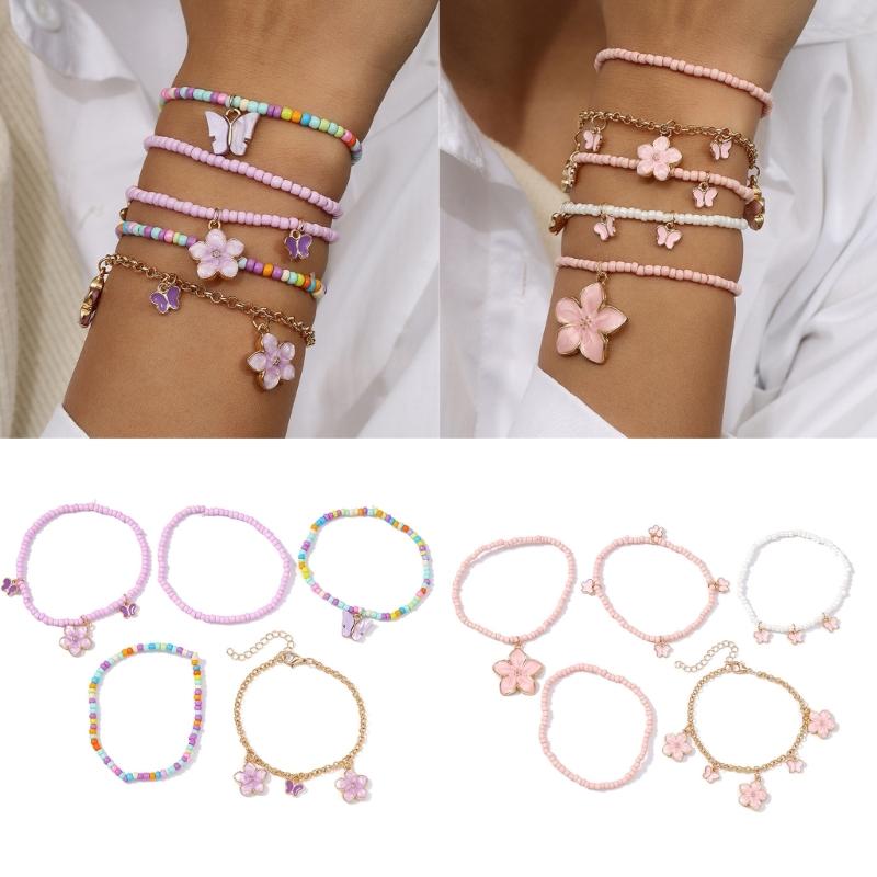 Pack of 5 Handmade Bead Bracelet Colorful Adjustable Wrist Jewelry Charm Bracelet Bead Texture for Various Occasion